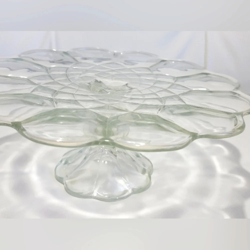 Vintage Pedestal Cake Stand L E Smith Dominion Clear Glass Scalloped Edge Design